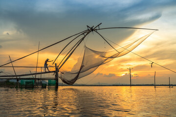 Fototapeta na wymiar Mekong Delta landscape with big fishing net in floating water season in Chau Doc, An Giang province, Mekong Delta, South Vietnam