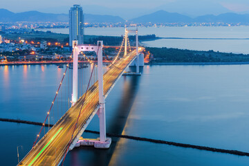 Tran Thi Ly bridge crossing Han river at twilight in Da Nang, central Vietnam