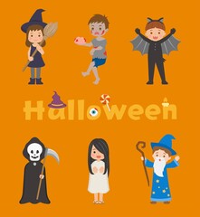 6 cute kids Halloween ghost costumes, cartoon comic vector illustration