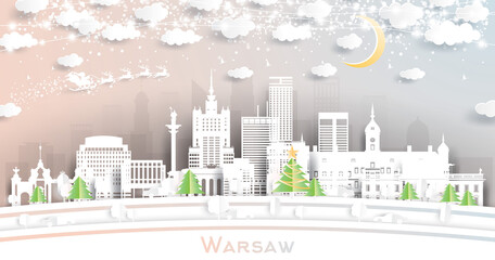 Warsaw Poland City Skyline in Paper Cut Style with Snowflakes, Moon and Neon Garland.