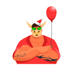 the man in the bull mask. Chinese new year. funny vector image of a man in a Santa hat