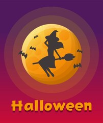 Halloween witch or witch flying, black silhouette with moon, cartoon comic vector illustration