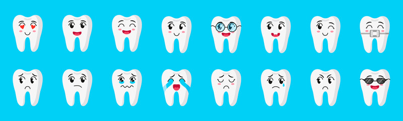 Vector cartoon set of cute characters of teeth with different emotions: happy, sad, crying, joyful, smiling, laughing