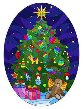 Illustration in stained glass style with a Christmas tree and a toy bear on a blue night sky background, oval image