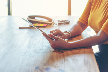 Young start up business woman working enjoy good news from smartphone. Asian Business people working at home office with happiness