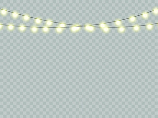 Christmas lights isolated realistic design elements. Glowing lights for Xmas Holiday cards, banners, posters, web design.	