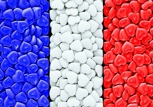 National flag of France is made of hearts. 3D rendering and 3D illustration.