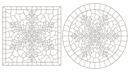 Set of contour illustrations in the stained glass style with snowflakes, round and square images, dark contours on a white background