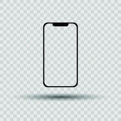 New Version of High Detailed Black Slim Realistic Smartphone isolated on Transparent Background. Front View Display. Device Mockup Separate Groups and Layers. Easily Editable Vector. EPS 10