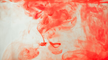 Red ink drop in water on white background. Watercolor paint splash abstract.