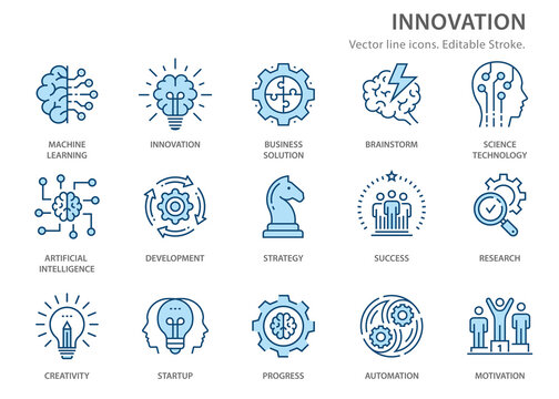 Innovation flat line icons. Vector illustration. Editable stroke.