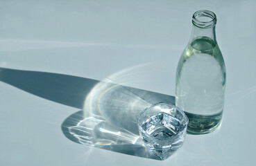 transparent glass, vintage glass bottle of water on a white background with a sunbeam, close up