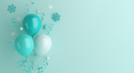 Winter background, Happy new year decoration with blue flying balloon, snowflakes, confetti, copy space text, banner, template, 3D rendering illustration.