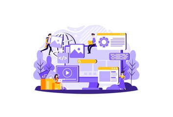 Fototapeta premium Digital advertising, Social media marketing, E-mail marketing, Content promotion - conceptual tiny people illustration. Vector illustration