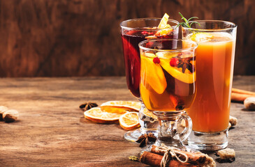 Selection of autumn or winter seasonal alcoholic hot cocktails - mulled wine, glogg, grog, eggnog, warm ginger ale, hot buttered rum, punch, mulled apple cider on wood background, copy s