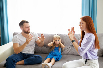 divorced caucasian parents arguing about child custody, divide property and child. parental fmaily quarrels concept