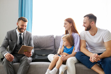 professional psychologist support young married family with daughter, they discuss problems, save...