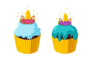 Unicorn cupcakes with shiny icing. Fairy cakes in paper cup. Tasty desserts with horn. Vector illustration in cute cartoon style