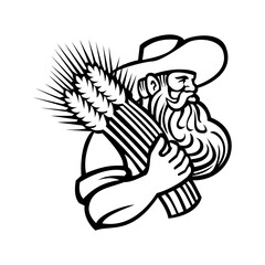 Organic Grain Farmer or Wheat Farmer with Beard Holding a Bunch of Dried Wheat Retro Mascot Black and White