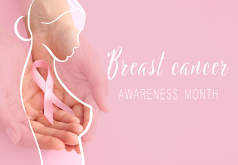 Double exposure of hands with pink ribbon and drawing of woman on color background. Breast cancer...