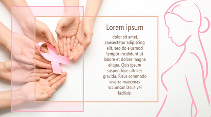 Female hands holding pink ribbon on white background with space for text. Breast cancer awareness...