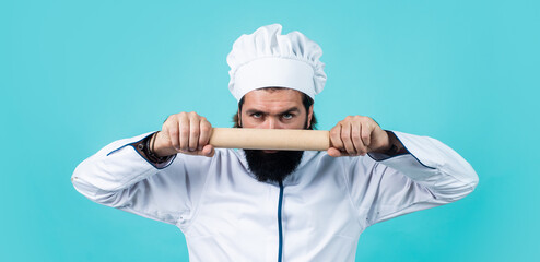 Naklejka premium concept of housekeeping. real confidence. mature bearded man wear chef hat. male cook ready for preparing food. brutal hipster in apron going to be cooking meal. time for eating. baking. Food choices