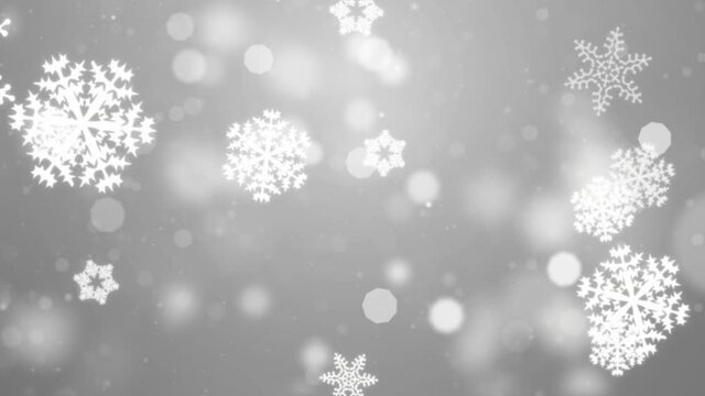 Abstract Beautiful Light White loopable winter snow snowflake background with falling snowflakes and floating blurry glitter particles lights. 4K seamless loop video.