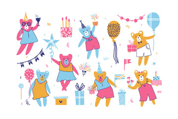 Collection of flat bears and party elements for design of greeting cards and invitations; party decoration