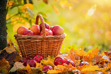 basket of red apples stands under tree among fallen yellow leaves.