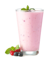 Glass of tasty berry smoothie on white background