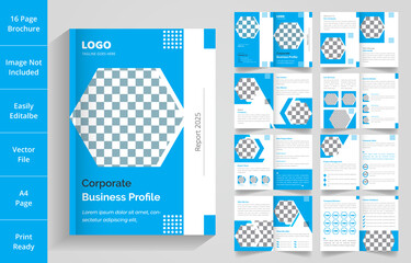 Modern Corporate Business Profile and 16 Pages Brochure Layout and Design with Multiple Shapes and blue color.