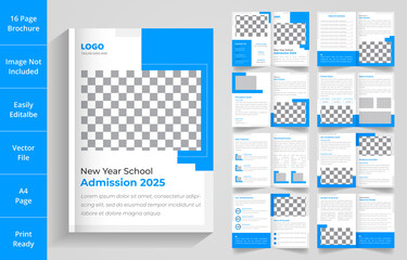 Modern New Year School Admission 16 Pages Brochure Layout and Design with Multiple Shapes and blue color. 