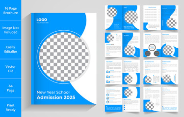 Modern New Year School Admission 16 Pages Brochure Layout and Design with Multiple Shapes and blue color. 