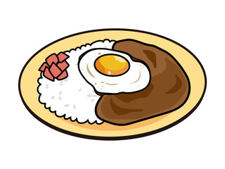 お皿に乗った日本風のカレーライス（目玉焼きのカレー）