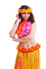 Naadloos Fotobehang Airtex Beautiful young female dancer in traditional Hawaii dress in with orange skirt and flower wreath in her hair in various poses © Fyle
