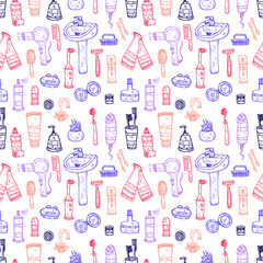 Seamless pattern with cute hand drawn bathroom icons. Vector doodle collection