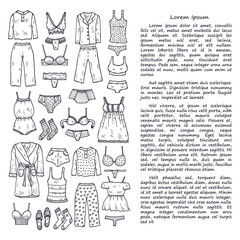 Illustration with cute hand drawn lingerie, pajamas and bathrobes. Collection of clothes for sleeping and relaxing. Vector magazine illustration