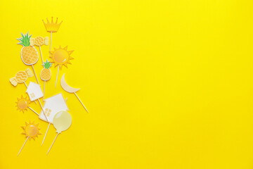 Stylish cupcake toppers on color background