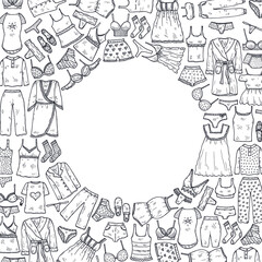 Card template with cute hand drawn lingerie, pajamas and bathrobes. Collection of clothes for sleeping and relaxing. Vector illustration