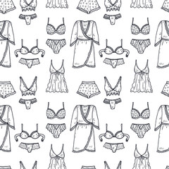 Seamless pattern with cute hand drawn lingerie, pajamas and bathrobes. Collection of clothes for sleeping and relaxing. Vector illustration