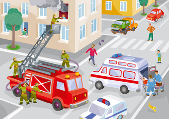 illustration of a city in one house on fire, firefighters rescue a child from the window, an ambulance picks up the wounded, a lot of onlookers, vector,