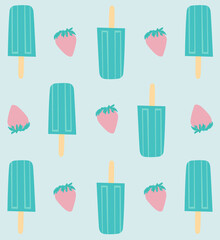 Multicolored ice-cream and strawberry pattern on a soft blue background. Sweet summer pattern