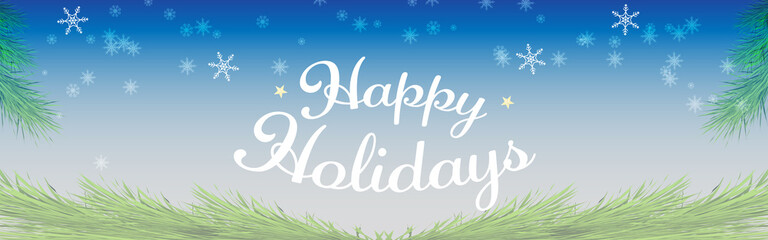 Happy holidays season greeting card white text word with snow blue Background banner  isolated vector brush