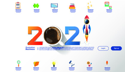 Vector illustration modern design business plan brainstorm think analyze creative coffee cup,rocket marketing strategy 2021 Idea and Concept Vector illustration Infographic template.
