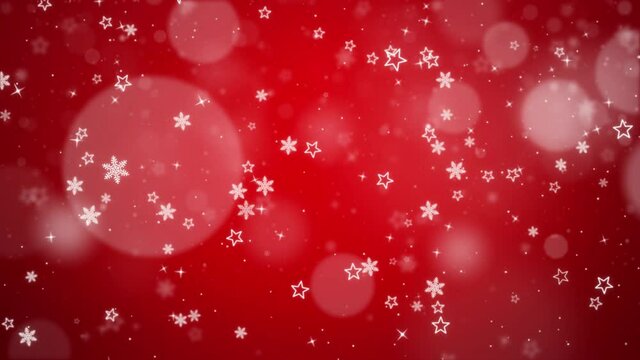 Falling Abstract Particles Star Snowflakes Animation on Red dark Loop background. snow fall 3d render Bokeh. merry christmas, Holidays, winter, New Year, snowflake, snow, festive.