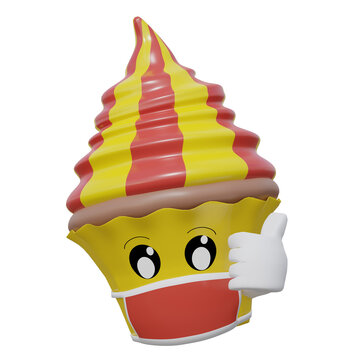 niedlicher Emoticon Cupcake als Emoticon mit Schutzmaske und OK-Daumen. 3D-Rendering