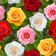 Seamless pattern with yellow, pink, red and white roses