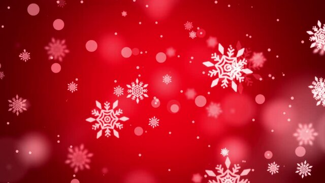 Natural Winter Christmas loop 4K background with Red heavy snowfall, snowflakes in different shapes and forms, snowdrifts. Winter landscape with falling christmas shining beautiful snow.