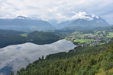 Panoramic view of the mountains and lake around Altaussee in Styrian Salzkammergut, Austria.