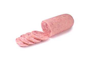 Boiled sausage isolated on white background. Slices.